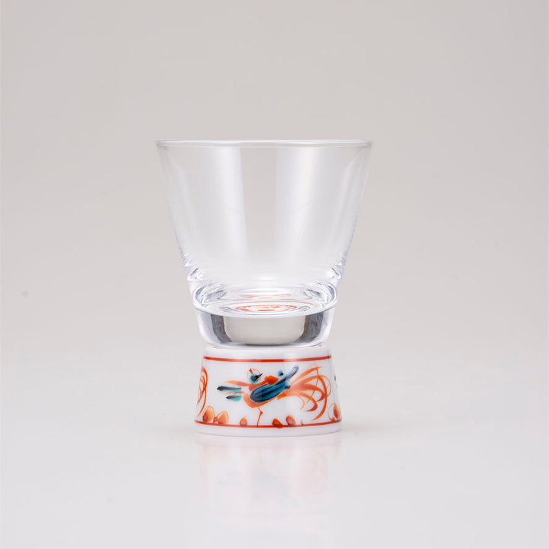 「九谷和グラス」ショットグラス 赤絵鳥文（清峰堂）の正面